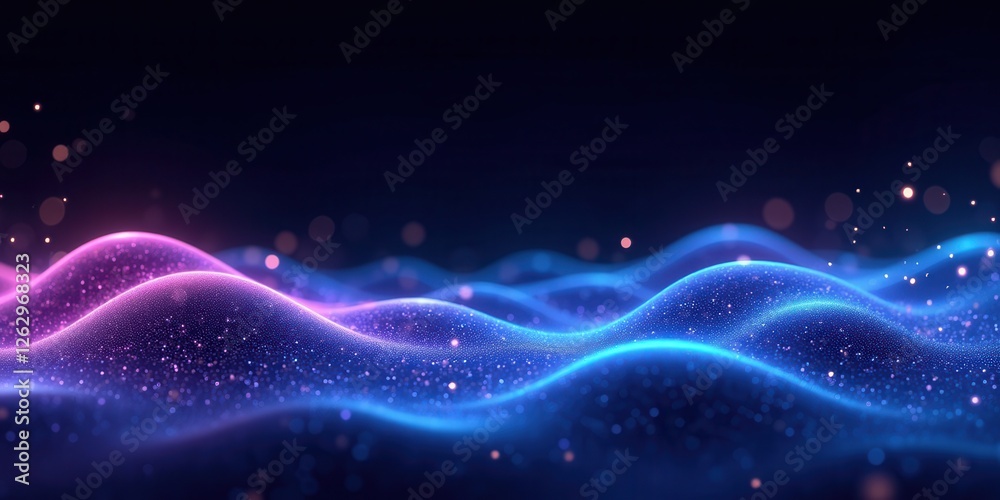 Poster abstract waves with glowing particles in deep tech background