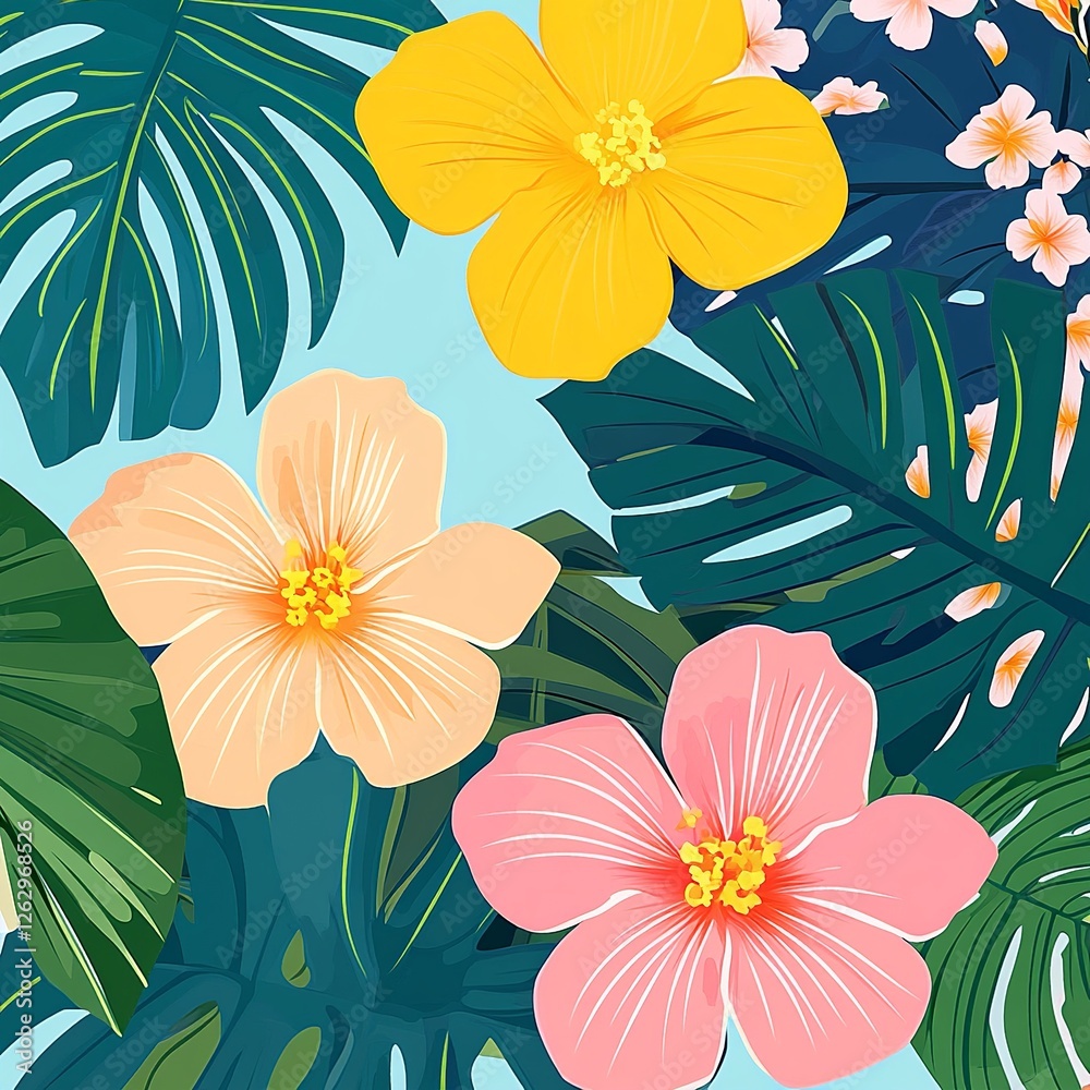 Poster a delicate vector background featuring lush plants and blooming flowers, creating a fresh and natura