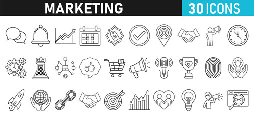 Digital Marketing set of web liner icons. Marketing icons for web and mobile app. e-commerce, SEO, business, Sales, analytics, ads, communication, content, connect, branding Vector illustration bundle