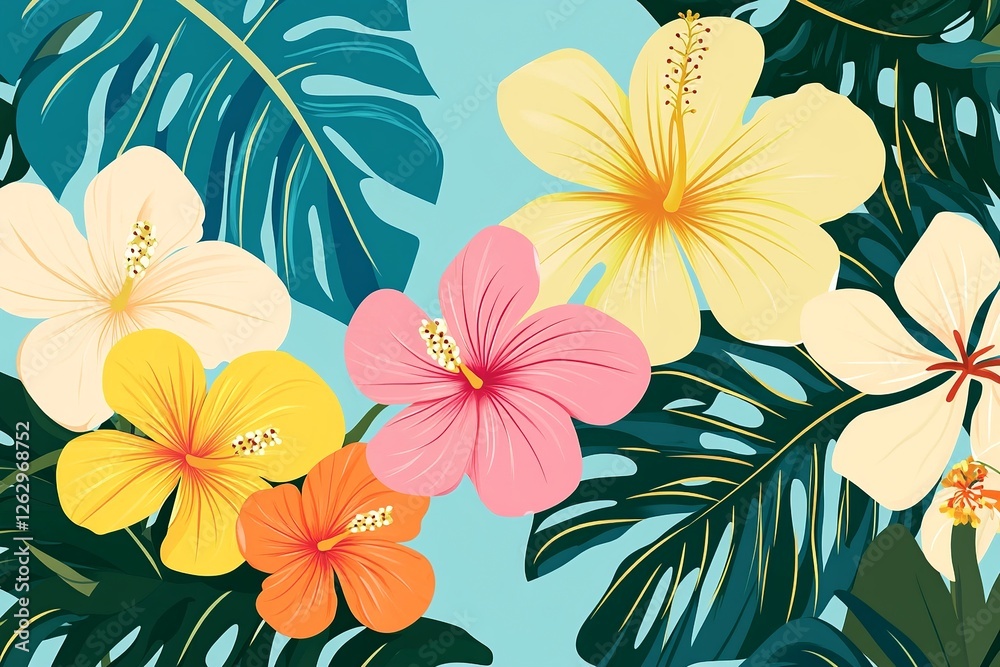 Poster a delicate vector background featuring lush plants and blooming flowers, creating a fresh and natura