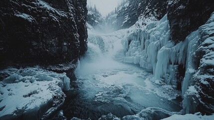 Majestic Frozen Waterfall Surrounded by Icy Rocky Cliffs in Winter