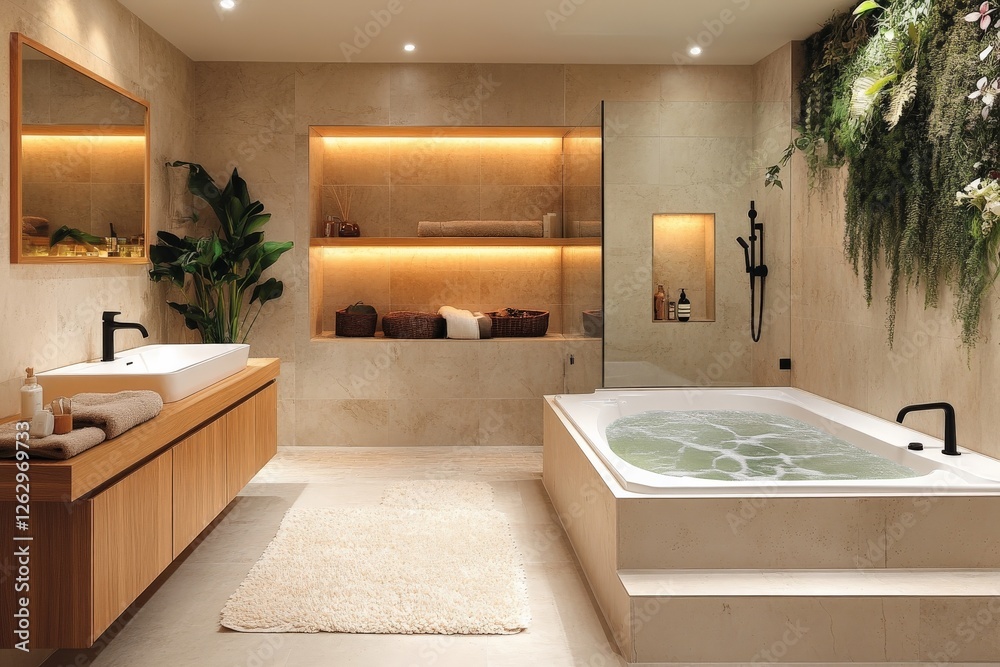Poster modern bathroom with natural elements and relaxing ambiance in a stylish design setting