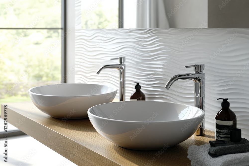 Poster modern bathroom design featuring elegant bowls and sleek faucets in a tranquil setting