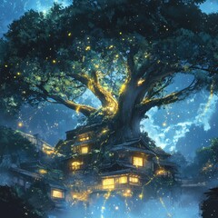 Naklejka premium Illuminated houses reside within the branches of a giant tree