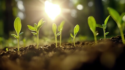 A forest clearing with tiny sprouts emerging from the soil, bathed in warm sunlight
