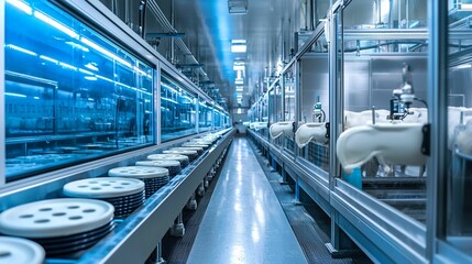 Fototapeta premium High-tech Food Processing Facility Interior with Conveyor Belt and Machinery in a Sterile Environment, Showcasing Modern Production Techniques for Efficiency and Quality Control