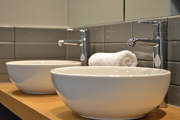 Modern bathroom with two elegant washbasins and a fresh towel displayed on a wooden countertop