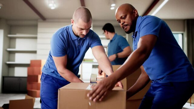 Movers Packaging Cardboard Boxes With Tape Gun Dispenser To Move