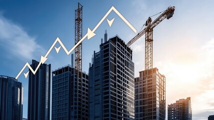 Fototapeta premium Construction site shows new buildings against a clear sky with a double exposure of growth graph, reflecting real estate progress