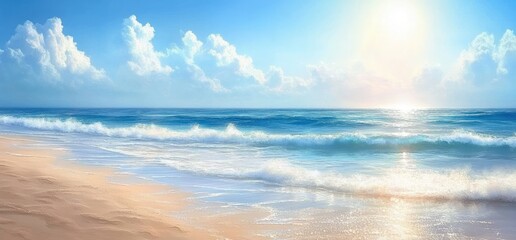 Obraz premium Beach Summer Scene with Sand and Blue Ocean Water Reflecting Sunlight