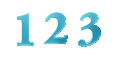 1.2.3. numbers are frontal in angle, shimmering translucent in texture, light blue in color, round in shape