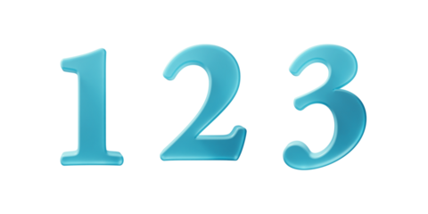1.2.3. numbers are frontal in angle, shimmering translucent in texture, light blue in color, round in shape