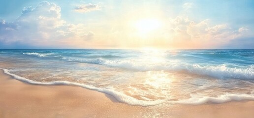Beach Scene with Soft Light Reflecting on Waves and Textured Sandy Shore in Summer