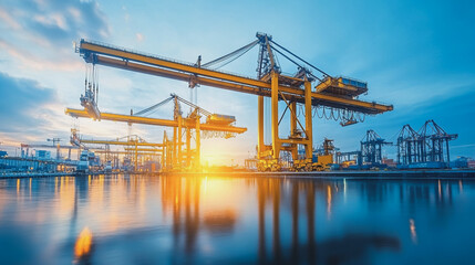 Container truck in ship port for business Logistics and transportation of Container Cargo ship and Cargo plane with working crane bridge in shipyard at sunrise, logistic import export and transport