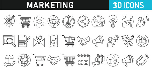 Digital Marketing set of web liner icons. Marketing icons for web and mobile app. e-commerce, SEO, business, Sales, analytics, ads, communication, content, connect, branding Vector illustration bundle