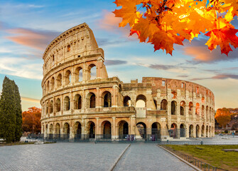 Ancient Colosseum (Coliseum) building in autumn, Rome, Italy