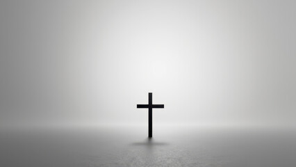 Cross at center in a gray background, symbolizing Christianity.