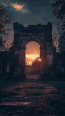 Majestic Ruins at Sunset with Dramatic Sky and Nature Surroundings