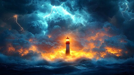 Obraz premium Resilient Lighthouse Defying Dramatic Thunderstorm with Vibrant Lightning Over Roaring Sea