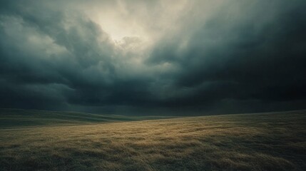Obraz premium Dramatic Overcast Sky Above Rolling Hills and Golden Grassland