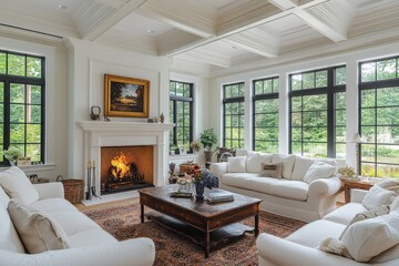 Cozy living room with large windows and a fireplace in a serene setting surrounded by greenery