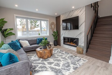 Cozy modern living room with natural elements features a grey sofa, green plants, and a stylish fireplace