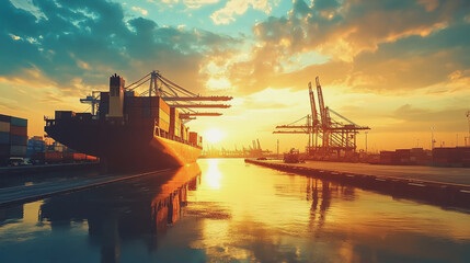 Container truck in ship port for business Logistics and transportation of Container Cargo ship and Cargo plane with working crane bridge in shipyard at sunrise, logistic import export and transport