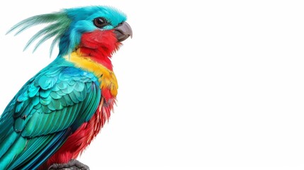 Vibrant Teal Parrot with Red and Yellow Plumage Perched on White Backdrop