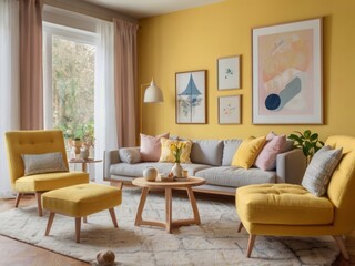 Yellow Armchairs and Sofa in a Sunny Living Room