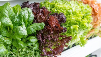 A vibrant assortment of fresh, leafy greens arranged neatly, showcasing different varieties of lettuce in a hydroponic setup.
