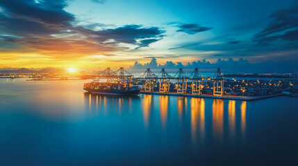 Container truck in ship port for business Logistics and transportation of Container Cargo ship and Cargo plane with working crane bridge in shipyard at sunrise, logistic import export and transport