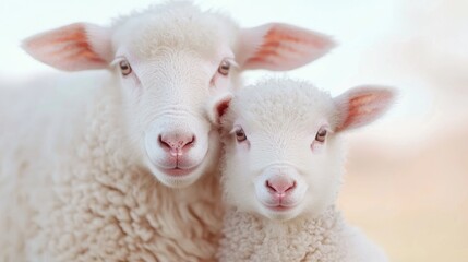 Sheep and lamb cuddling, pasture background, springtime, farm animal image