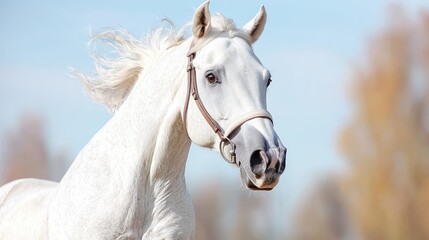 White horse running, autumn field background, equine portrait, stock photo