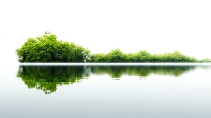 a serene lake reflecting fresh spring foliage, calm and peaceful renewal scene, ultradetailed, isolated on white background