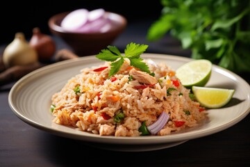 Spicy Thai style one dish meal Fried rice with canned tuna served on a white plate