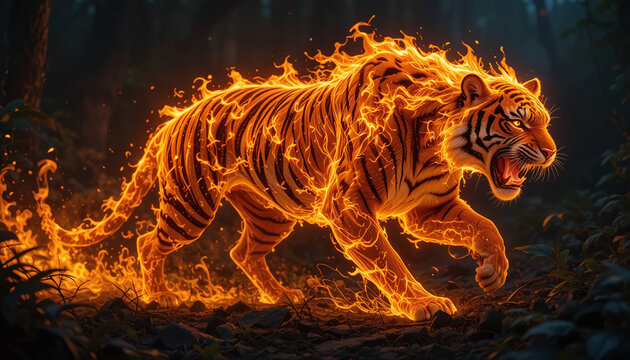 Fiery tiger walking with flames surrounding its body creating a stunning and powerful visual effect on a dark background