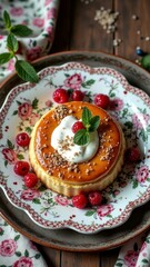 Fototapeta premium Caramel panna cotta with fresh raspberries on floral plate