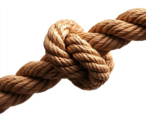 A close-up view of a tightly tied knot made from sturdy rope, showcasing the intricate weaving and texture of the fibers.