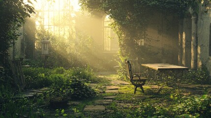 Serene Garden with Sunlight Streaming Through Overgrown Ruins