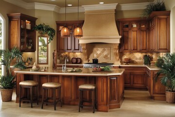 Modern kitchen interior design featuring wooden cabinetry and elegant details with natural light