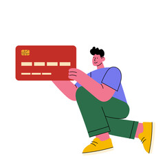 Cartoon vector illustration of a smiling man holding a large credit card. Perfect for finance, banking, online payments, fintech, and e-commerce themes.