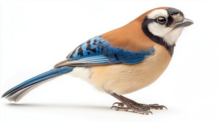 Obraz premium Colorful bird with blue and brown feathers on white background.