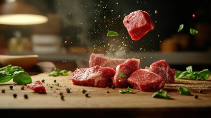 Fresh raw beef cuts with herbs and spices on a wooden board, ready for cooking in a rustic kitchen setting.