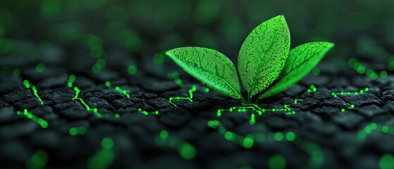 A vibrant green plant emerges from a dark, textured surface, symbolizing growth and renewal in a digital or abstract environment.