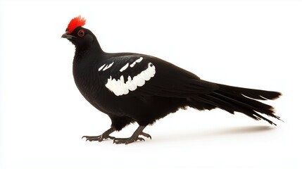 Fototapeta premium Black and white pheasant with red crest on white background.