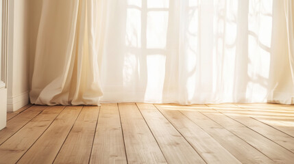Warm interior with wooden floor and sunlit white curtains