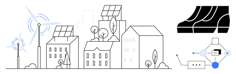 Urban landscape featuring buildings with solar panels, wind turbines, trees, a conveyor belt, and digital network nodes. Ideal for sustainability, renewable energy, smart city planning, automation