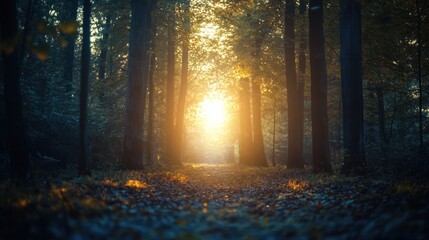 Fototapeta premium Golden Sunrise Through a Mystical Forest Path in Autumn.