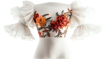 a trendy offtheshoulder spring dress, ruffled sleeves with floral embroidery, feminine and stylish, isolated on white background