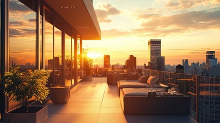 Fototapeta premium Elegant Urban Terrace at Sunset Overlooking City Skyline